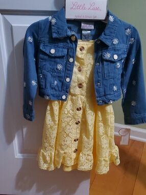 Girl's Yellow Lace Dress with Blue Embroidered Denim Jacket